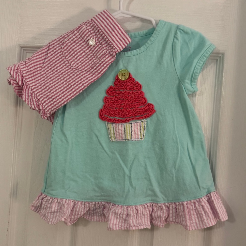 Nursery Rhyme Baby Girl Turquoise & Striped Pink Cupcake Appliqué Summer Outfit
